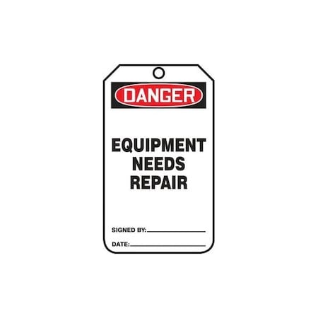 Accuform Safety Tags, DANGER EQUIPMENT NEEDS REPAIR, 5.75in x 3.25in, RP-Plastic, 5PK MDT013PTM